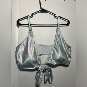 Holographic Silver Tie-Front Bikini Top